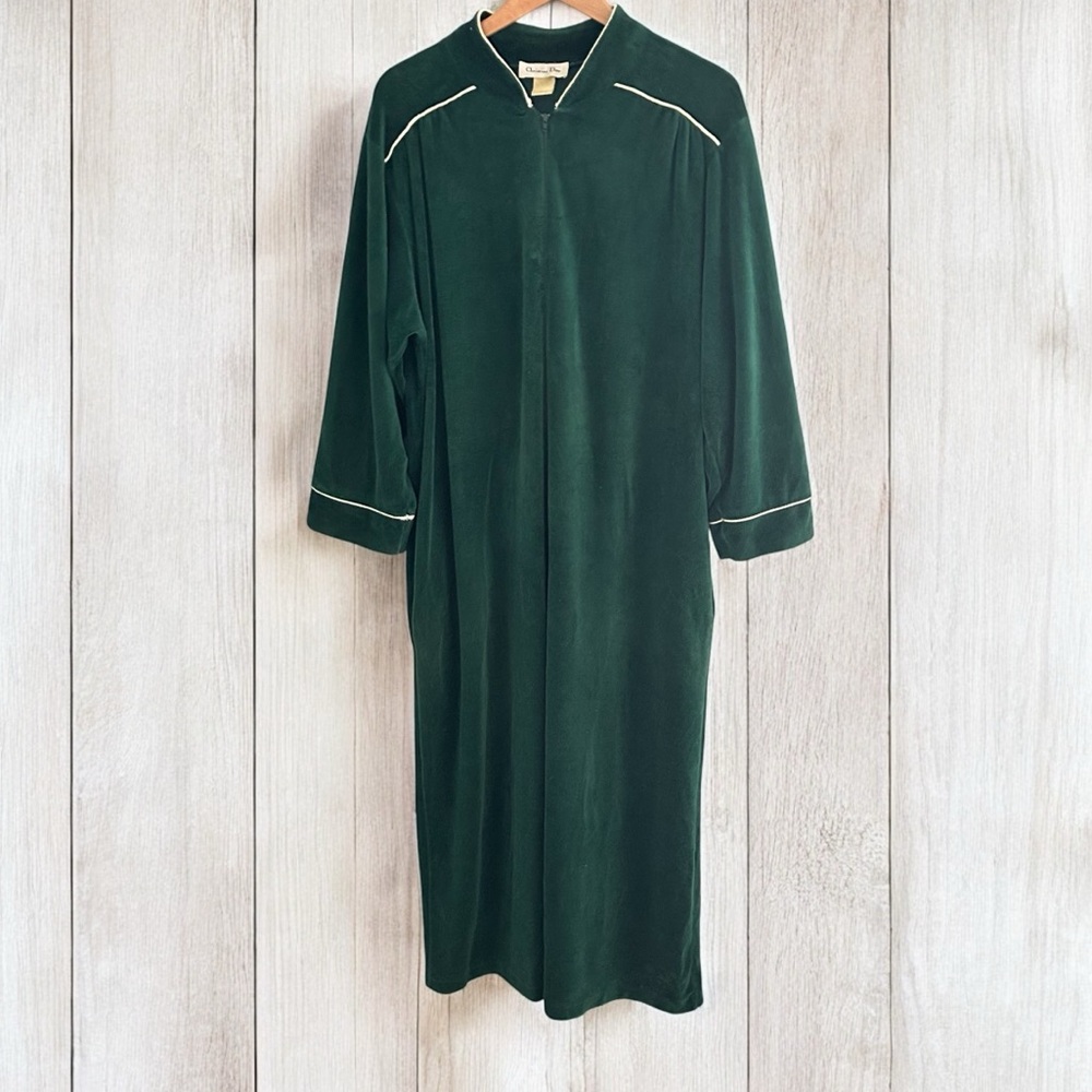 Vintage Christian Dior Velour Zip Front Housecoat Robe Forest Green Size Large